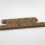 Wooden tiles spell 'Share Your Vision' on a white background, promoting creativity.